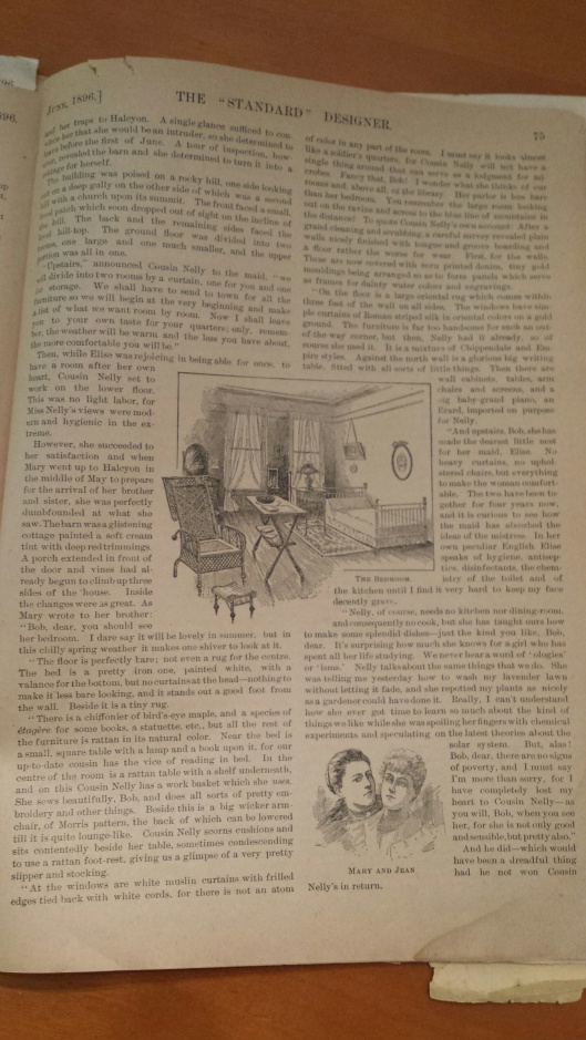 Page 75 "Near the bed is a small, square table with a lamp and a book upon it, for our up-to-date cousin has the vice of reading in bed."